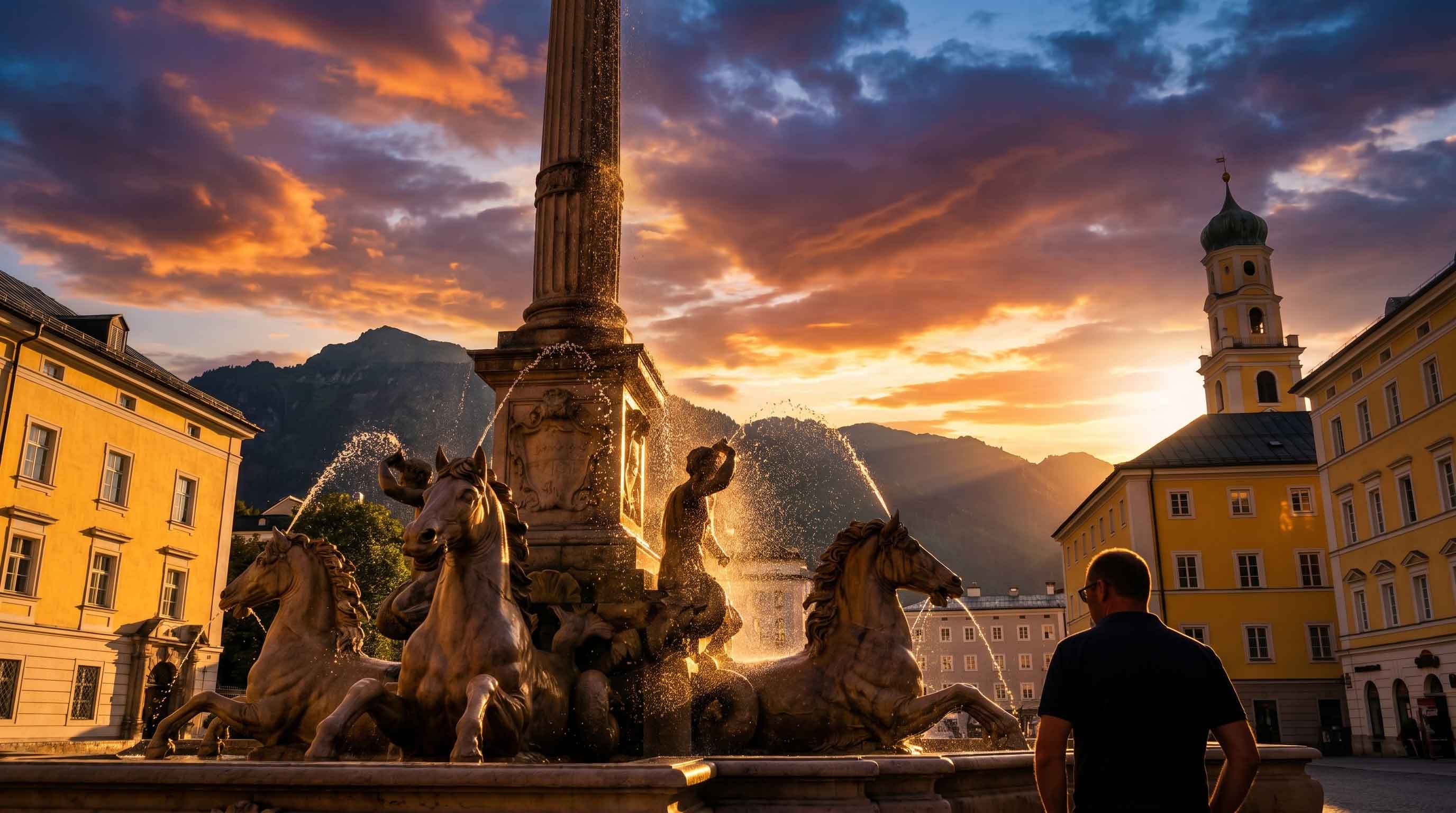 Residenzplatz with its fountain in Salzburg's old town, near the Radisson Blu Hotel Altstadt